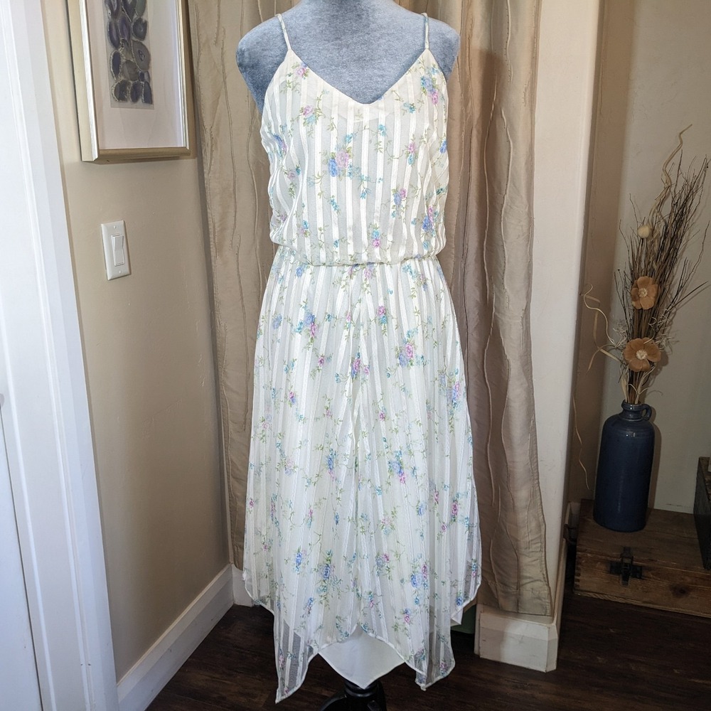 Vintage 70s Handkerchief Hem Fairy Dress XS Ivory Floral Boho Sundress Dainty